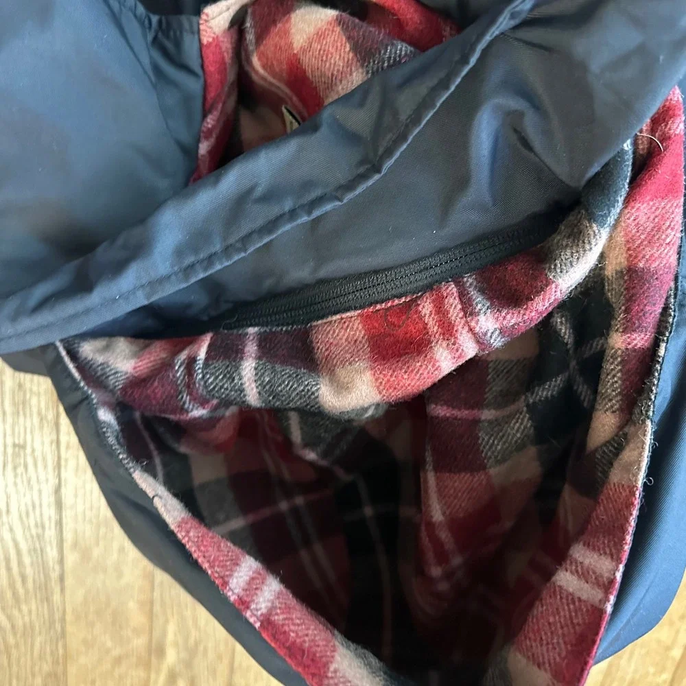 WOOLRICH‎ Women Plaid Lined Wool Navy  L Hooded Ruby Field Chore Jacket Coat EUC